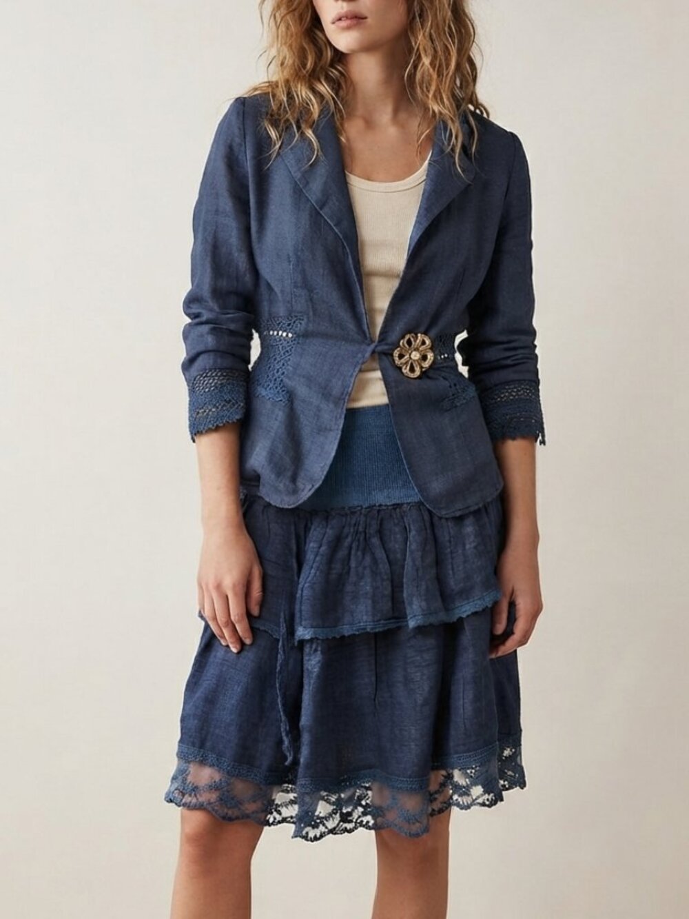 100% Linen Skirt suit Set open knit Crochet lace cruise beach resort summer M